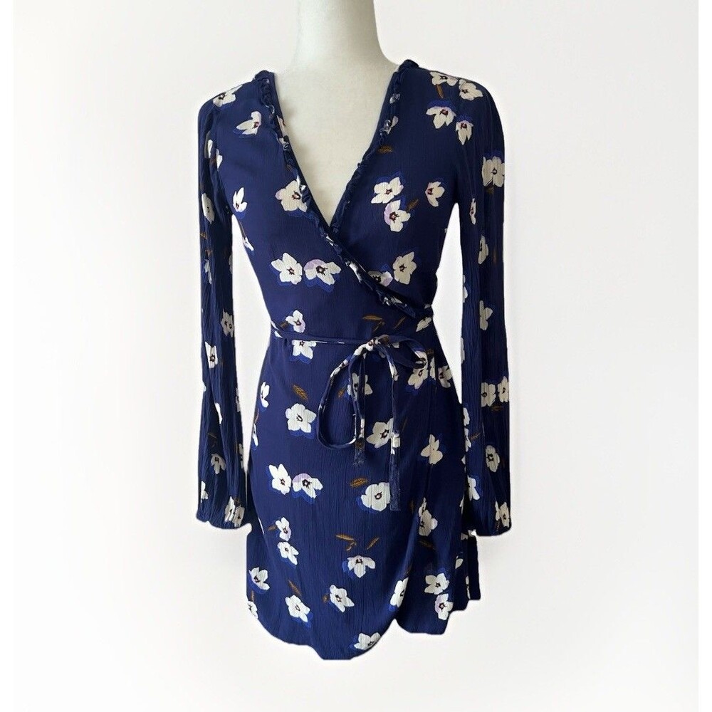 Billabong Spring Romance Mini Wrap Dress Long Sleeve Navy Floral Y2K Size XS